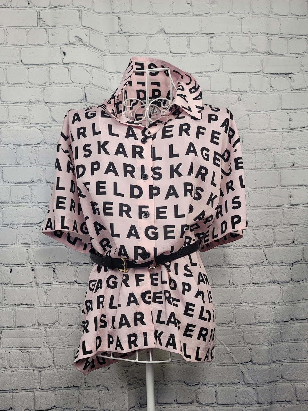 Karl Lagerfeld Pink Short-Sleeve Logo-Print Button Down Shirt -women's 1X